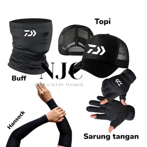 4 in 1 Paket Hemat Murah Mancing Sarung tangan 2 Jari Buntung+Baff+Deker Spandex+Topi(Daiwa)