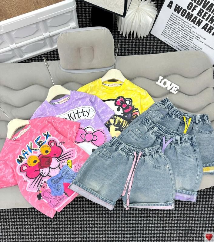 [MinMinKid2] (18-50kg) Set áo thun cotton  in hoạ tiết đáng yêu phối quần SỌC XẮN LAI cá tính cho bé gái diện đi học, đi chơi