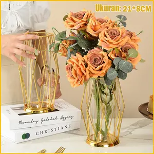 OPTIVIA Dekorasi meja vas besi belah ketupat emas ringan dekorasi vas bunga tabung reaksi kaca hidroponik Light luxury gold diamond-shaped iron vase desktop ornaments hydroponic glass test tube flower arrangement