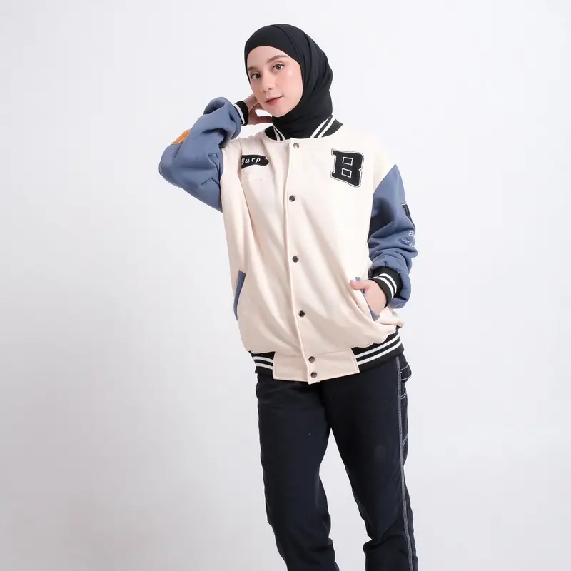 Jaket Varsity Baseball Full Bordir Pria Wanita Bahan Fleece Tebal Ukuran M L XL Cream 4