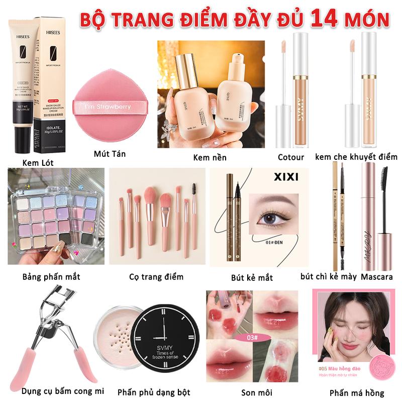 Bộ trang điểm 14 món Makeup Cơ Bản Cho Người Mới Bắt Đầu Bao Gồm Kem Nền Bảng Phấn Mắt Mascara Son môi Phấn Má Hồng Bút Kẻ Mắt Phấn Phủ Dạng Bột Má Hồng Set Trang Điểm Cá Nhân phấn mắt cheeriep cọ blj makeup kkv makeup lameila
