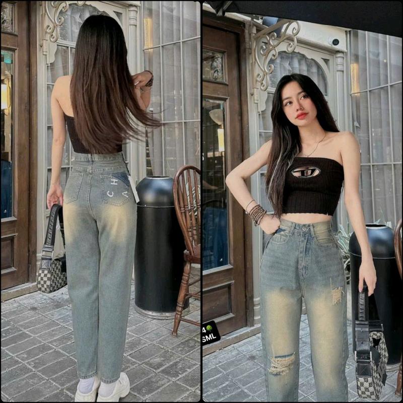 ( S -2XL )Quần Baggy Jeans Nữ Lưng Cao Thêu - rách gối, chất jean cotton mềm không giản, quần dài 95cm. 3404 Women Pants