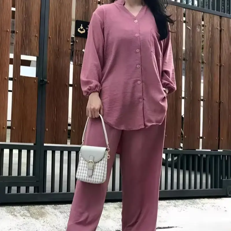 KEMEJA SETELAN WANITA DEWASA JUMBO - ATASAN WANITA DEWASA - STELAN DEWASA BAHAN CRINKEL AIRFLOW Baju Celana Panjang Kerah Balon  Crinkle Standar Linen Casual Bawahan Nyaman Variasi Blazer 1