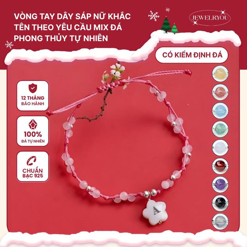  Vòng tay dây sáp charm chữ khắc tên theo yêu cầu JEWELRYOU đá năng lượng tự nhiên - Jew133 