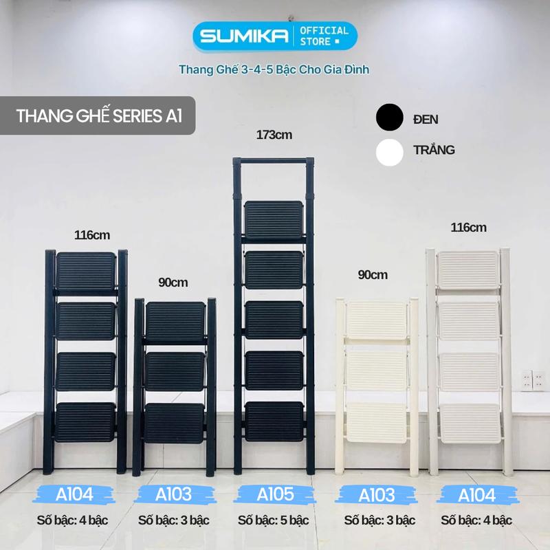 SUMIKA Thang ghế chữ A gấp gọn Thép hợp kim 3-5 Bậc, sơn tĩnh điện, Màu Trắng Đen