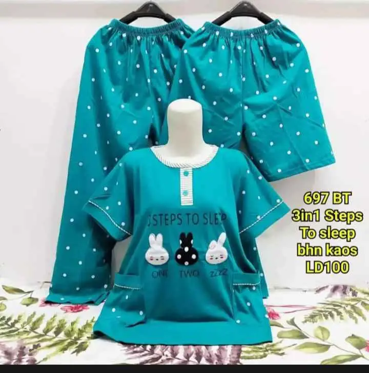 baju tidur 3 in 1 baju satu dua celana pendek dan panjang dewasa Setelan Wanita