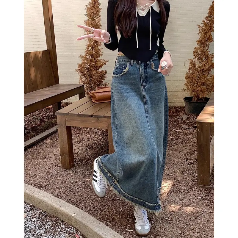 【meissi.id】Rok Jeans Bigsize Jumbo Rok Jeans Panjang Wanita Skirt Denim Midi A Line Highwaist Rok Jeans Korean Style Outfit Wanita Kekinian 5