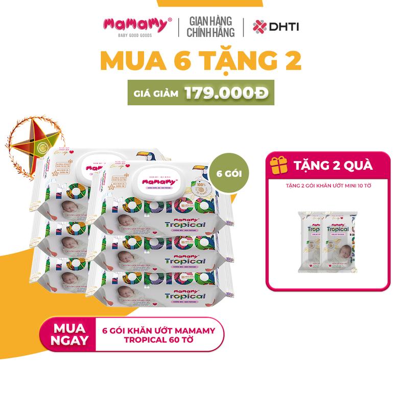 [KOC][DEAL SỐC GIẢM GIÁ + TẶNG THÊM 2 GÓI KHĂN ƯỚT MINI 10 TỜ] MUA 6 gói khăn ướt Mamamy Tropical 60 tờ không mùi TẶNG 2 gói khăn ướt mini Mamamy Tropical