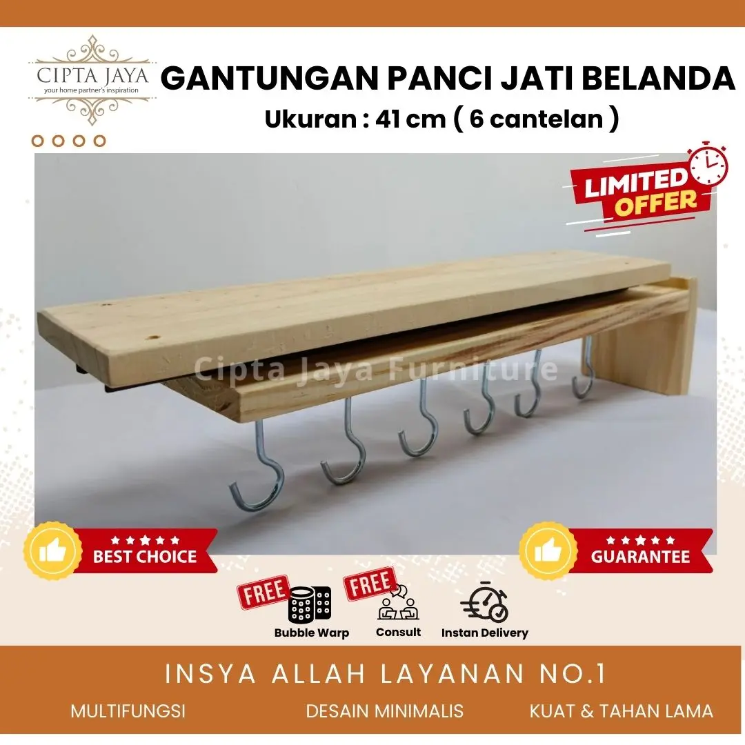 cipta Jaya - Gantungan Kayu Jati Belanda Panci Wajan Printilan Dapur Tarik Dorong Panjang Kitchen Set Minimalis Estetik Rak Panci Tempel Tembok Dinding Bawah Wastafel Hook Cantelan Baju Sapu Hanger Aksesoris Unik Serbaguna Multifungsi Kuat Kokoh