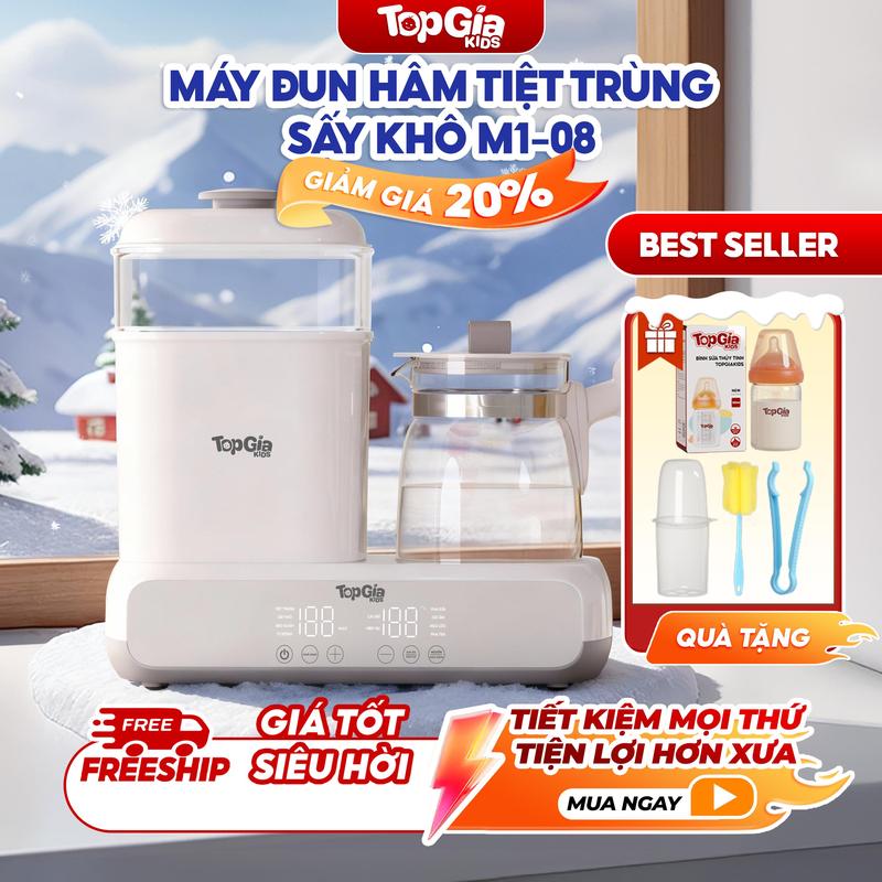 TẶNG BÌNH SỮA CAO CẤP TRONG LIVE Máy đun nước hâm sữa và sấy khô tiệt trùng hơi nước M1-08 TOPGIAKIDS đun sôi khử clo đúng nhiệt độ cài đặt 14 chức năng cho bé TẶNG LỒNG HÂM KẸP GẶP CỌ BÌNH Bảo Hành 3 Năm Lỗi 1 Đổi 1 30 Ngày