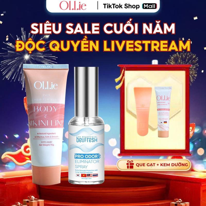 Deal hàng chính hãng-có bảo hành - XNQL208 COMBO 1 OLLIE KEM TẨY LÔNG Body cho Nam Nữ + 1 BEUFRESH PRO Xịt Khử Mùi Toàn Thân hôi nách Tặng 1 OLLIE Gel Dưỡng Giúp Da Mềm Mịn + 1 Que Gạt kemtaylong