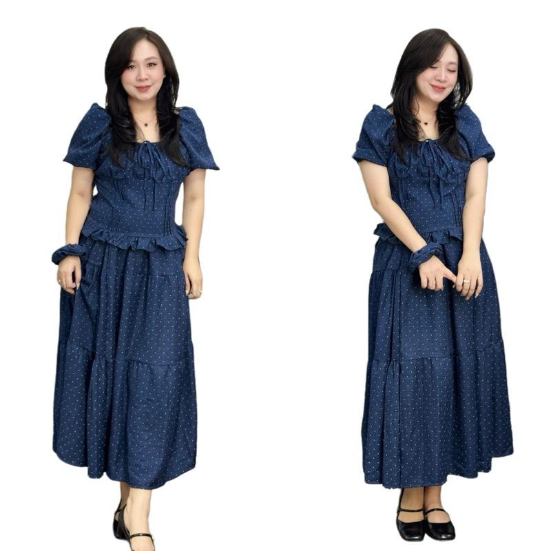 Set bộ tay bồng zúm chân váy bèo xanh chấm bi bigsize nữ (21299) Top