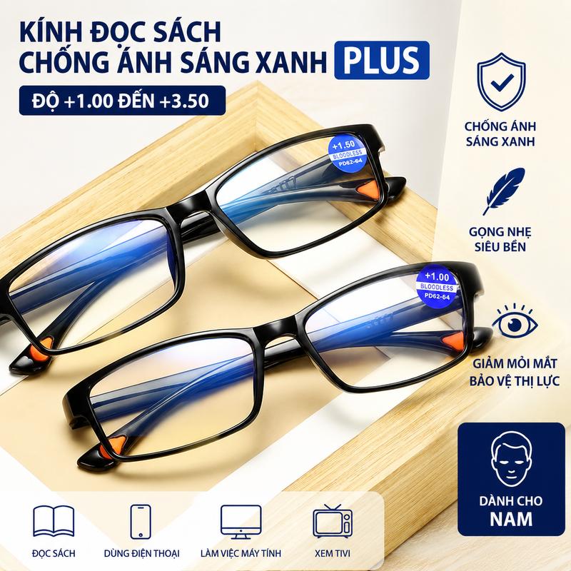 Kính Lão Nam Chống Ánh Sáng Xanh, Kính Đọc Sách Độ +1.00 Đến +3.50, Gọng Nhẹ, Đeo Thoải Mái