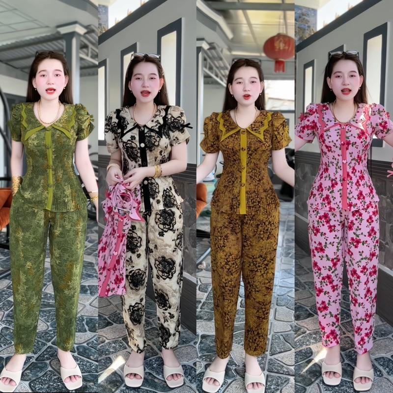    QUẦN DÀI   Đồ bộ nữ tay ngắn  Áo Dập Ly Cổ Lượn Tay Nhúng Vải Lụa Mango mịn mát nhiều họa tiết  form thiết kế sang trọng Women 