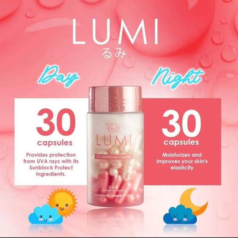 LUMI 24Hr Glutathione Capsules with Sunblock 60 Capsules Whitening Beauty Supplement for Adults With Collagen and