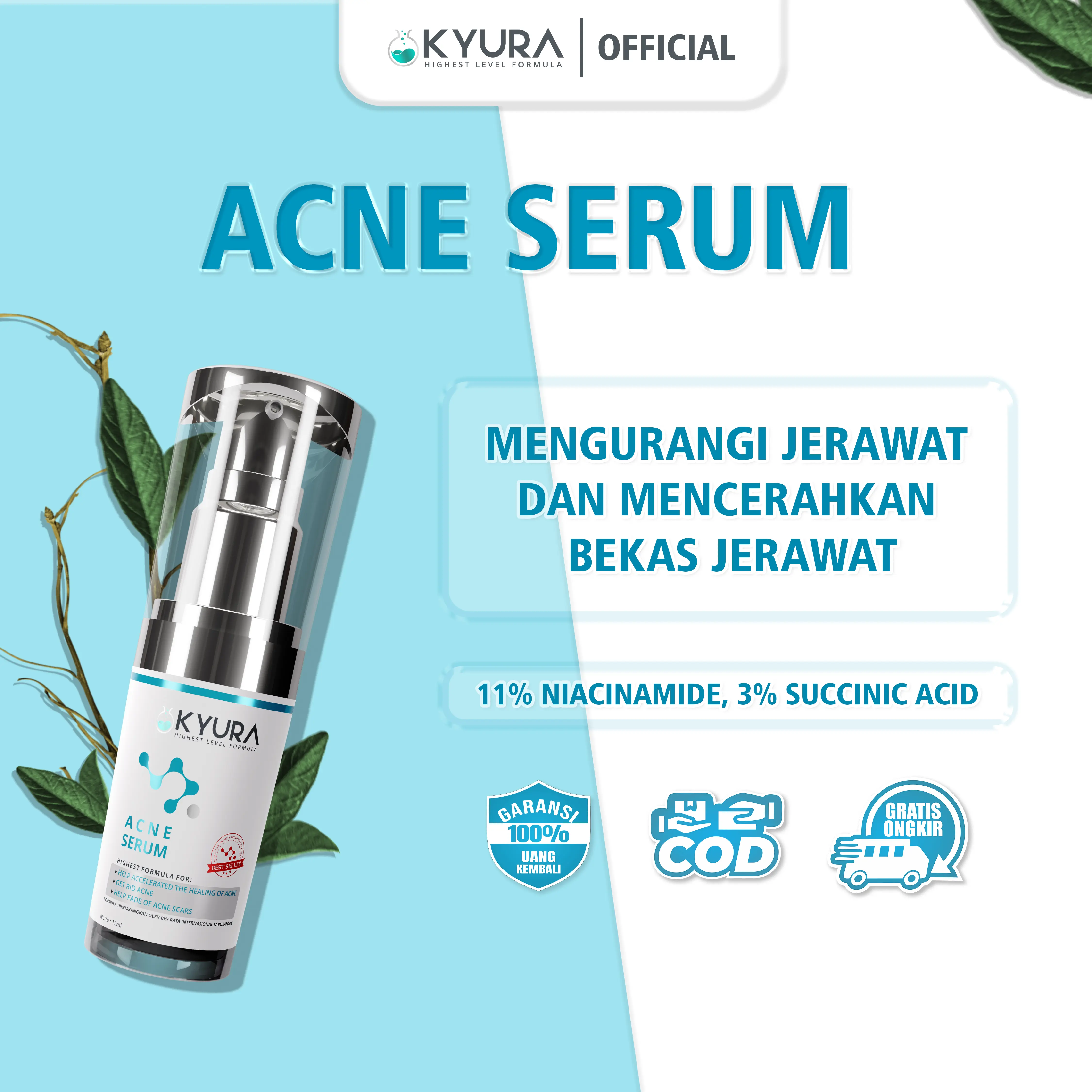 KYURA Acne Serum 11X Niacinamide Bantu Kempeskan Jerawat dan Pudarkan Bekas Jerawat Treatment Wajah