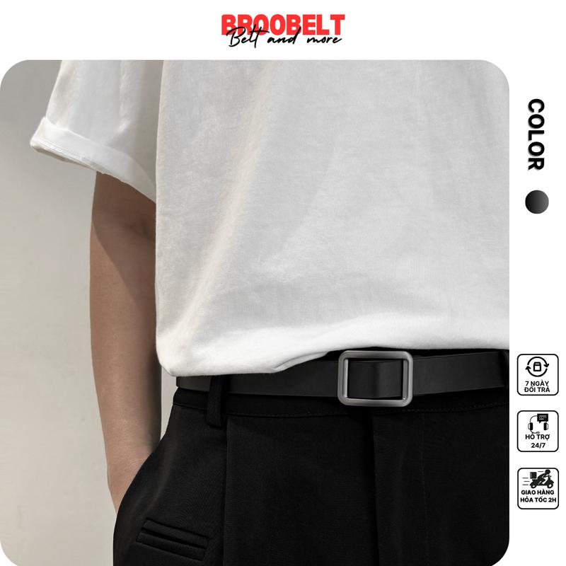 Thắt lưng nam nữ Broobelt bản nhỏ 2.3cm màu đen, dây nịt lưng mặt hợp kim không lỗ bấm tiện lợi