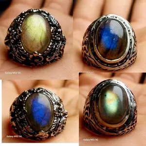 Cincin batu labrador gold and blue dim 14 mm natural  Biru Emas ring alpaka super mewah anti karat