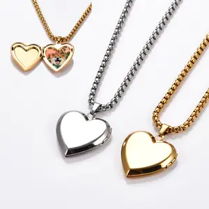 Trendy Stainless Steel Heart Locket Necklace for Women Girls, Can Be Opened Reliquary Pendant,with Family Photo Collar Jewelry