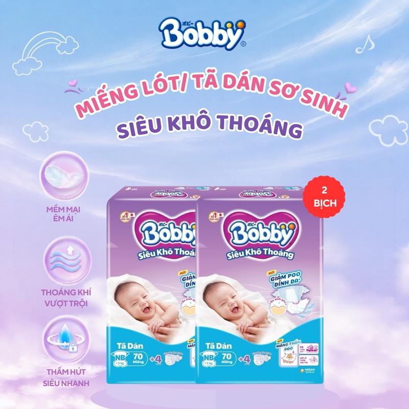 Combo 2 Bịch Miếng lót/ Tã dán sơ sinh Bobby Siêu khô thoáng Giảm Poo Dính Da