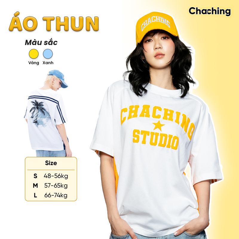 Áo Thun Unisex In Hoạ Tiết Cây Dừa Thêu Nổi Logo ChaChing, Áo Phông Nam Nữ Form Oversize Chât Thun Cotton Mềm Mại, Thấm Hút Tốt