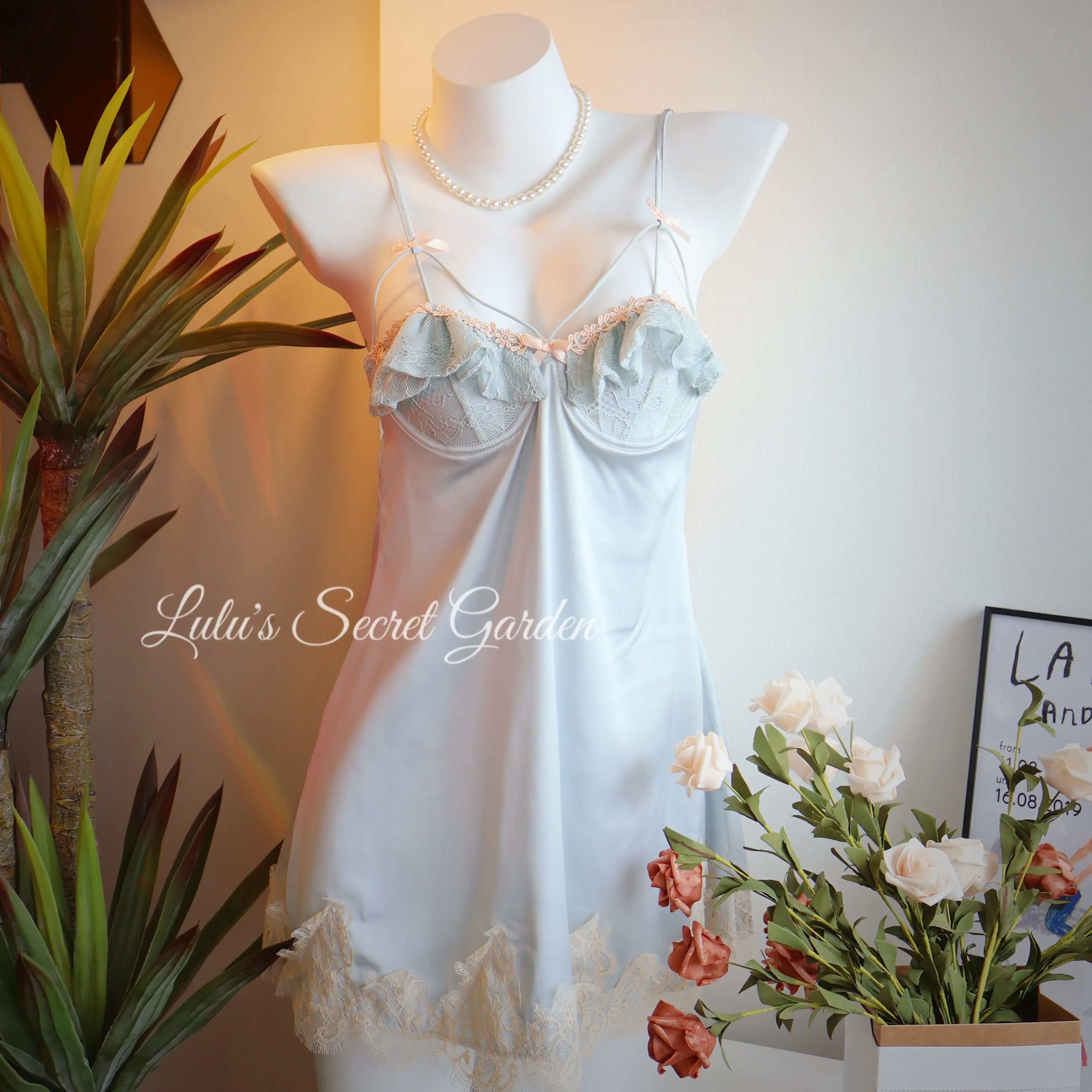 LULU 1010-Sexy Lace Soft Underwire Loose-Fit Nightdress with Built-in Padded Cups, Spaghetti Straps, and Robe Homewear Set