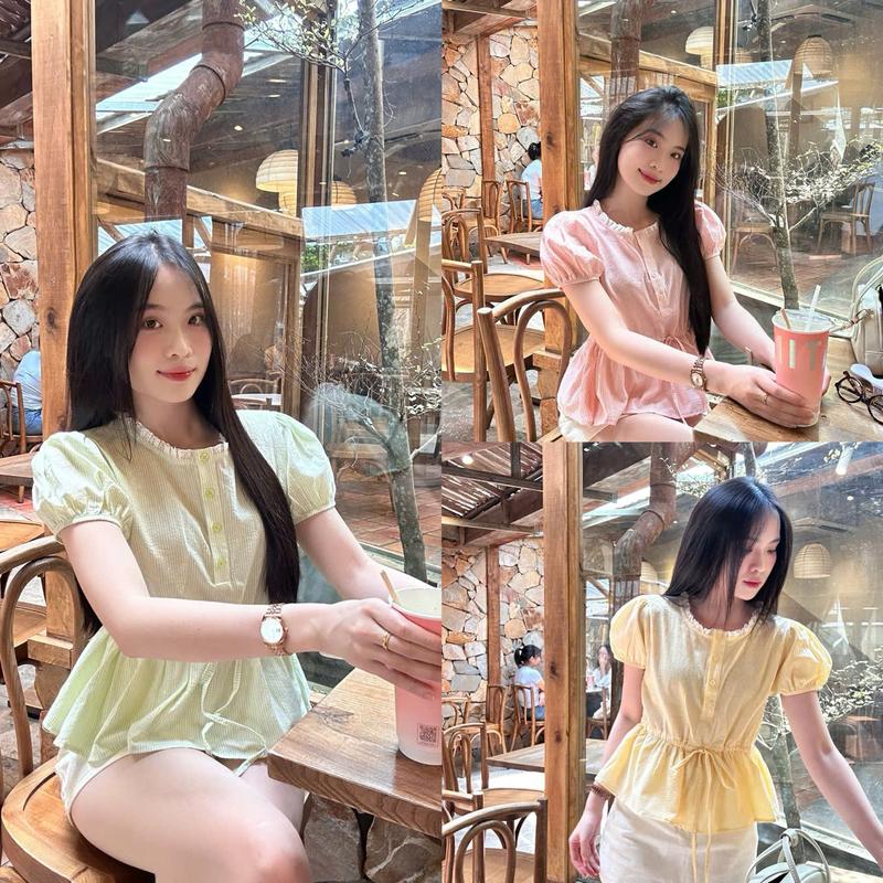 Áo sơ mi nữ mùa hè phối cổ ren dậy rút eo tay ngắn trẻ trung LAMO - B1439