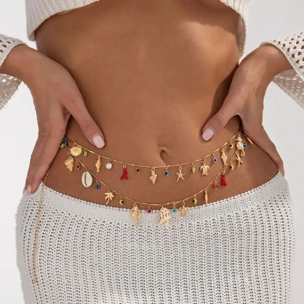 Ingemark Bohemian Conch Seahorse Starfish Pendant Waist Chain For Women Summer Beach Vacation Bikini Body Chain Charm Jewelry