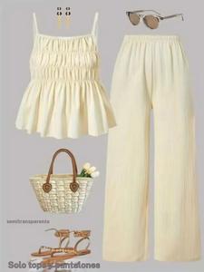 Conjunto de top halter y pantalón de pierna ancha con textura casual arrugada, de 2 piezas para uso diario, vacaciones y fotos con hermanas; ropa para primavera/verano