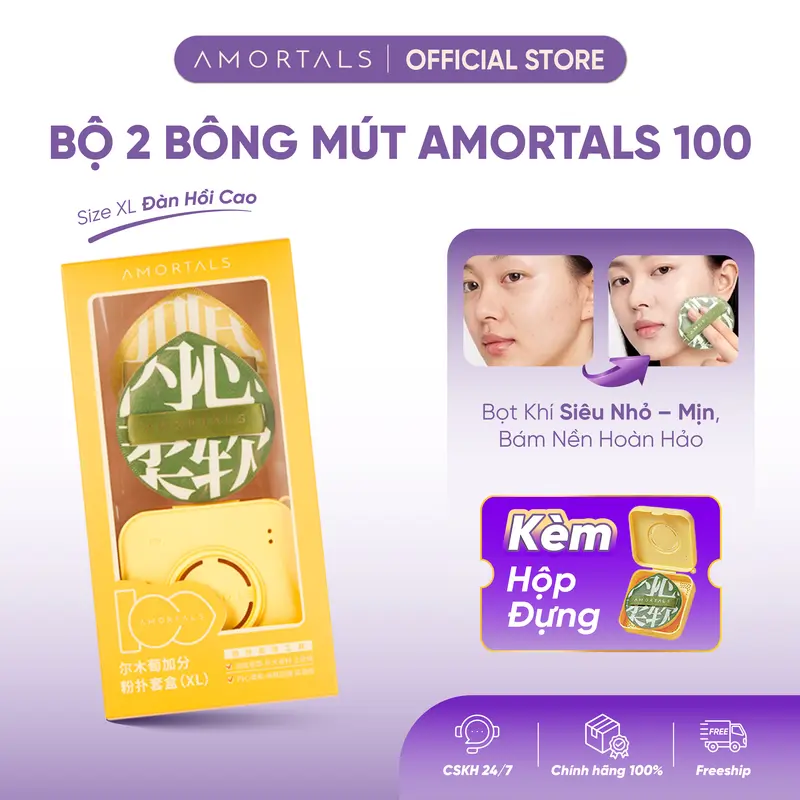 Bông Mút Trang Điểm AMORTALS 100 Size XL - Mềm Mại Đàn Hồi Cao Tặng Kèm Hộp Đựng