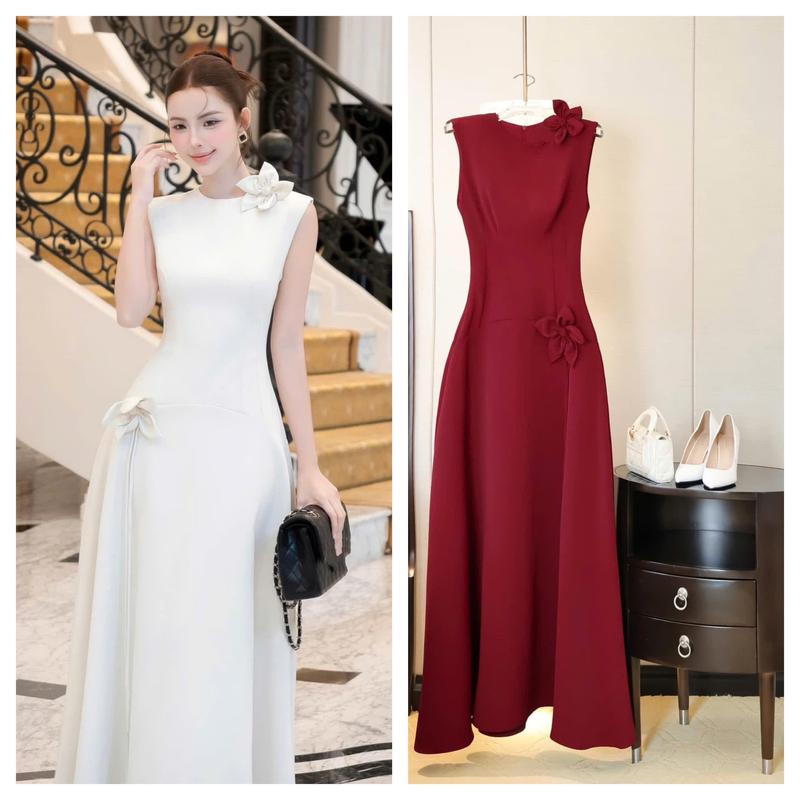 VP dài 128cm Đầm thiết kế CRAZYTEEN S6568 kiểu đính hoa dáng suông dài tà xòe bồng đơn giản để đi tiệc đầm đi đám tiệc cưới váy dáng dài