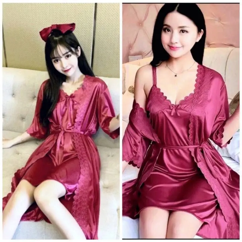 BAJU TIDUR WANITA KIMONO TRICOT SET 2IN1 LUARAN DAN DALEMAN LINGERIE SATIN IMPORT SIZE L & XXL/JUMBO