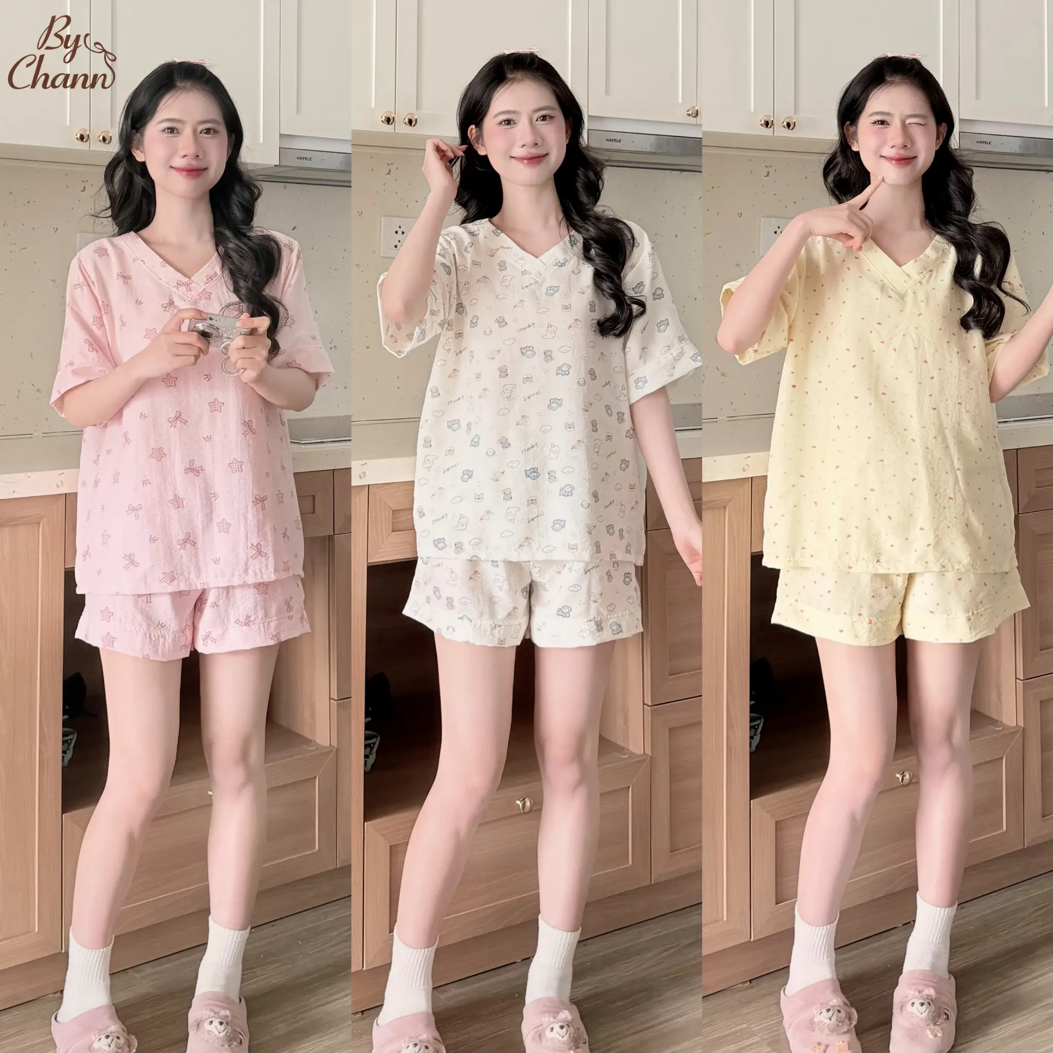 BN15 Bộ Đồ Ngủ BY CHANN (Bộ Cổ V) nhiều hình dễ thương mặc nhà mùa hè, chất liệu đũi mềm (có size đến 80kg)