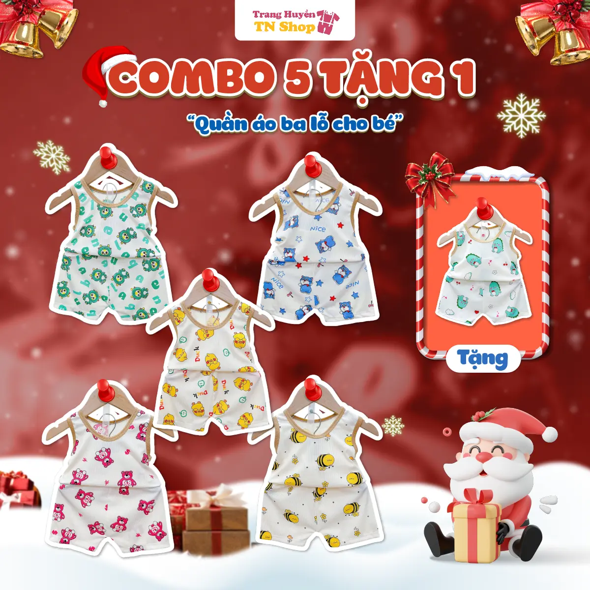 Combo _5_ bộ (Tặng 1 bộ) quần áo 3 lỗ chất tăm cho bé trai, bé gái từ 5kg-16kg