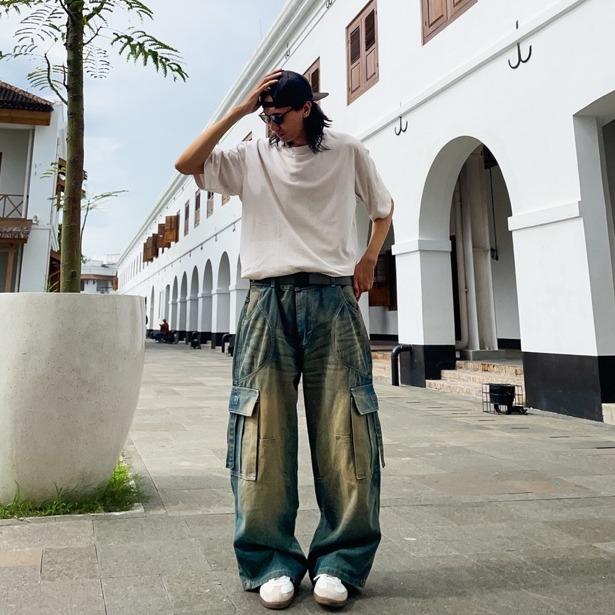 Bawwa Santai | Celana CARGO Baggy Jeans | GREEN BLUE RETRO Wash fading | SAMBA Series | Celana Cargo Jeans Denim| Celana Gombrang | Cargo pants | Baggy pants | celana skena 2