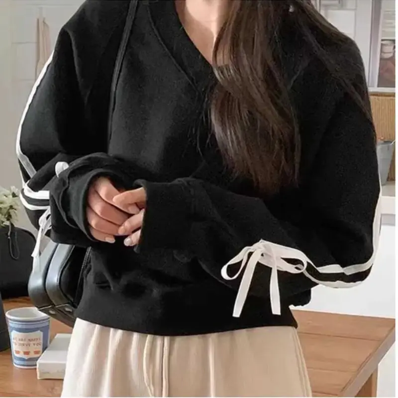 Sweater Aqeela Crop Wanita Kekinian Terbaru  Fit Crewneck Oblong Motif Lengan Pita Fleece Outer Remaja Panjang 1