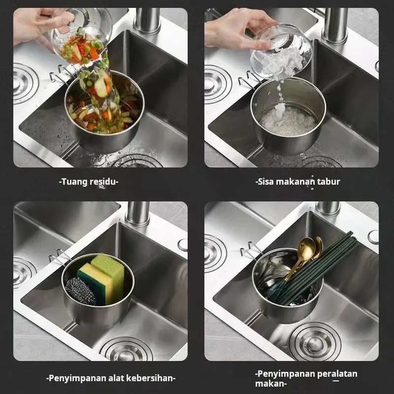 Wastafel dapur keranjang penguras stainless steel baskom cuci multifungsi keranjang penyimpanan sayuran dan buah-buahan keranjang penyimpanan sumpit dan sendok 3