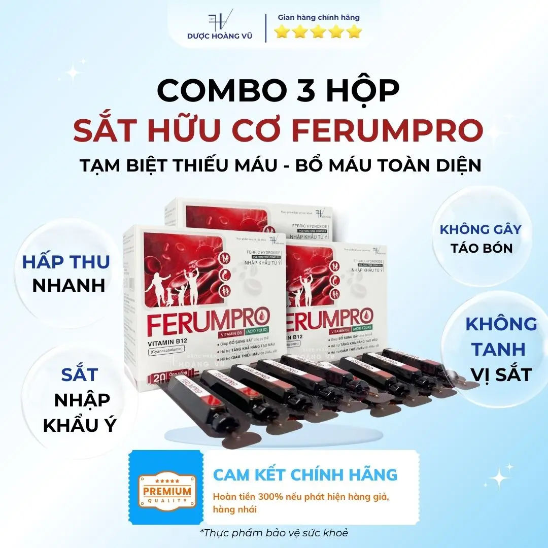 [DHV] COMBO 3 HỘP | Hỗ trợ giảm thiếu máu FERUMPRO | Hỗ trợ trẻ em suy dinh dưỡng, phụ nữ mang thai thiếu sắt - không tanh, dễ uống, hấp thu nhanh - Kết hợp Vitamin C, B9, B12 | Hộp 20 ống