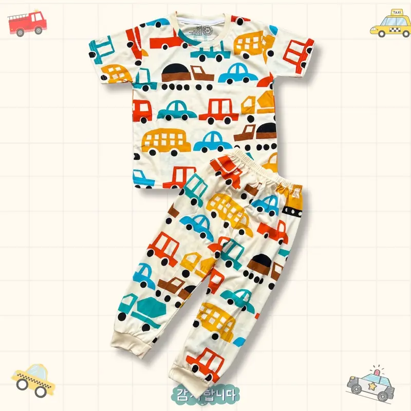 SETELAN ANAK FULLPRINT CP MOBIL CREAM BAJU ANAK LAKI LAKI Pakaian Anak printing Celana Panjang 0