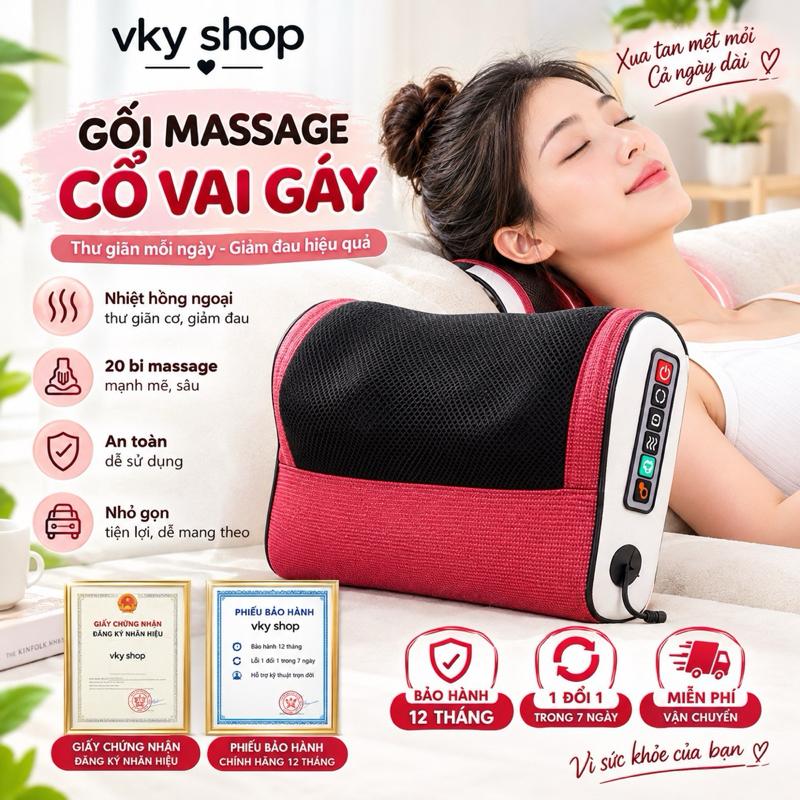Gối Massage Cổ Vai Gáy 20 Bi Cao Cấp - Nhiệt Hồng Ngoại, Thư Giãn Toàn Thân