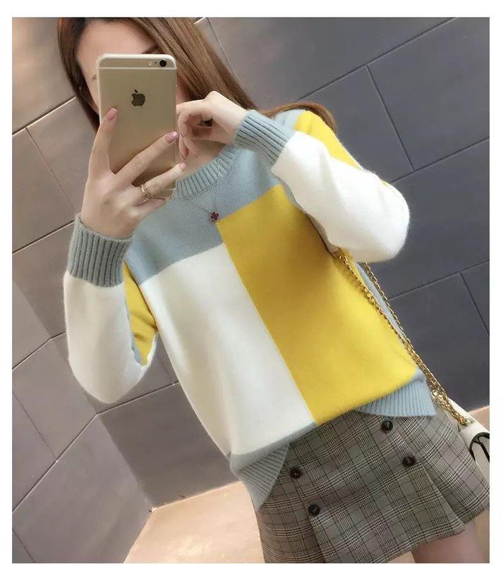Product Introduction of ZANA Autumn and Winter Women's New Pullover Sweater Loose Korean Color Block Long Sleeve Knitted Bottom Top 6