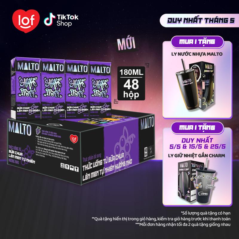 [Bao bì mới] MALTO Sữa chua lên men tự nhiên Malto Shake It Off hương nho thùng 48 hộp x 180ml-ST 0