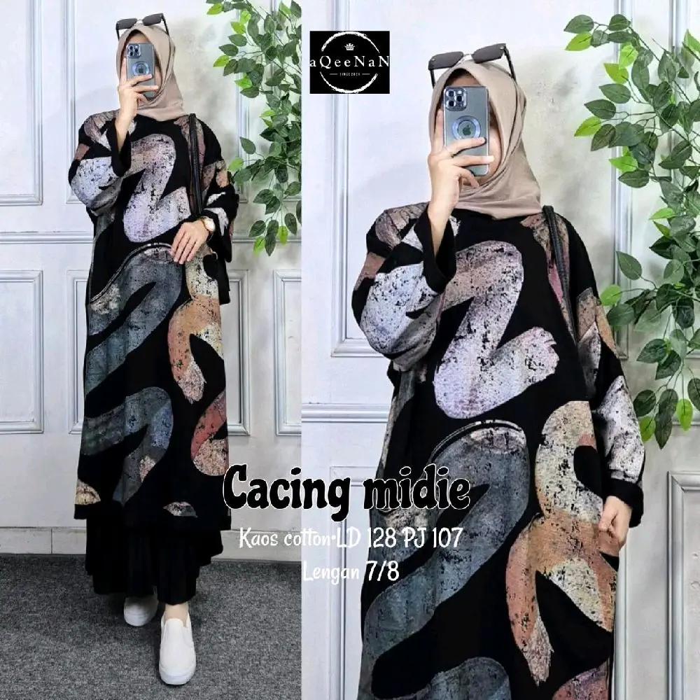 TUNIK WANITA CACING MIDI (bahan kaos) Lengan 7/8 - Panjang 107 cm, Lingkar Dada 128 cm - Wanita, Nyaman, Panjang, Simple, Santai