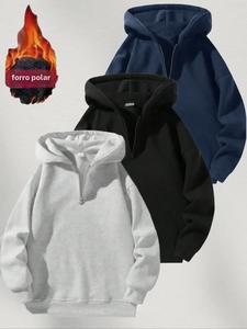 Conjunto de sudadera con capucha para hombre, casual, ajustado de tela gruesa para otoño e invierno, diseño de medio cierre, ideal para gimnasio, yoga, correr y actividades al aire libre