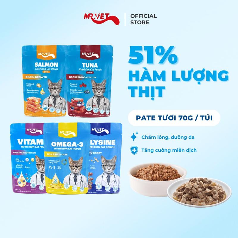   PATE CHO MÈO  Pate Mr.Vet thức ăn ướt vị Cá ngừ Cá hồi Omega 3 Vitamin L-Lysine điều hòa tiêu hóa chăm sóc da & lông tăng đề kháng 