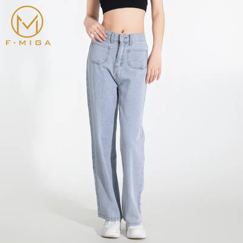 F·MIGA C34 Wanita Korean Style Kulot Boyfriend High Waist Bagy Wide Leg Straight Panjang Denim Loose Celana Jeans Wanita - Biru