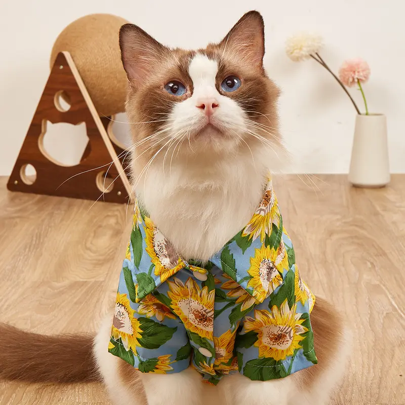 Quần Áo Cho Thú Cưng Mùa Hè, JINGDINGTAI, Cho Mèo Và Chó Teddy Mỏng, Áo Sơ Mi, In Hoa Hướng Dương, Phong Cách Thường Ngày 2