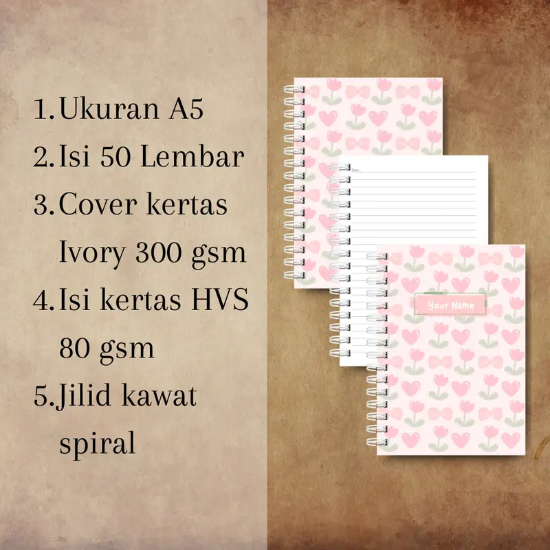 Notebook A5 Spiral Kawat Soft Cover Isi 50 Lembar dan 100 Lembar Lucu Tulip Pink Custom Nama buku 4