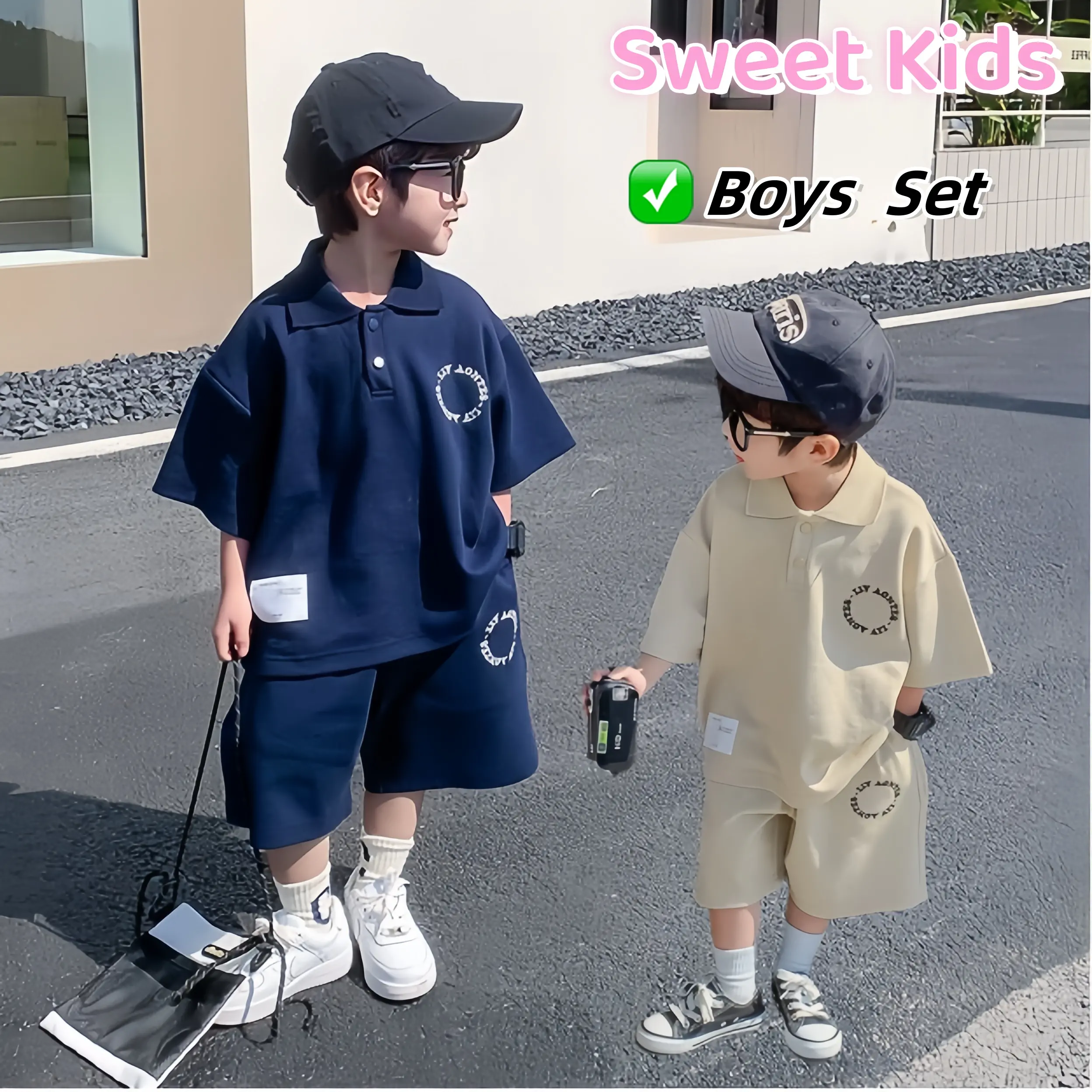 Sut Fesyen Kanak-kanak, untuk Lelaki, Sut Lengan Pendek, Baju Polo Kasual, Seluar Pendek Kacak, Sut Dua helai, Gaya Korea, Sesuai untuk 3-11 tahun, Penghantaran dari Perak, Manis dan Kacak