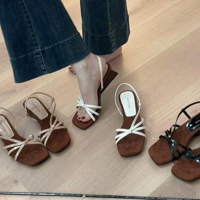 Dép Nơ Nhẹ Nhàng Kiểu Pháp, JINxCHOY, Cắt Thấp, Gót Giữa, Hàng Mới Về Mùa Hè, Nêm Mũi Vuông, Hở Ngón, Giày La Mã, Dễ Phối Đồ, Giày Cao gót, Phong Cách SS24